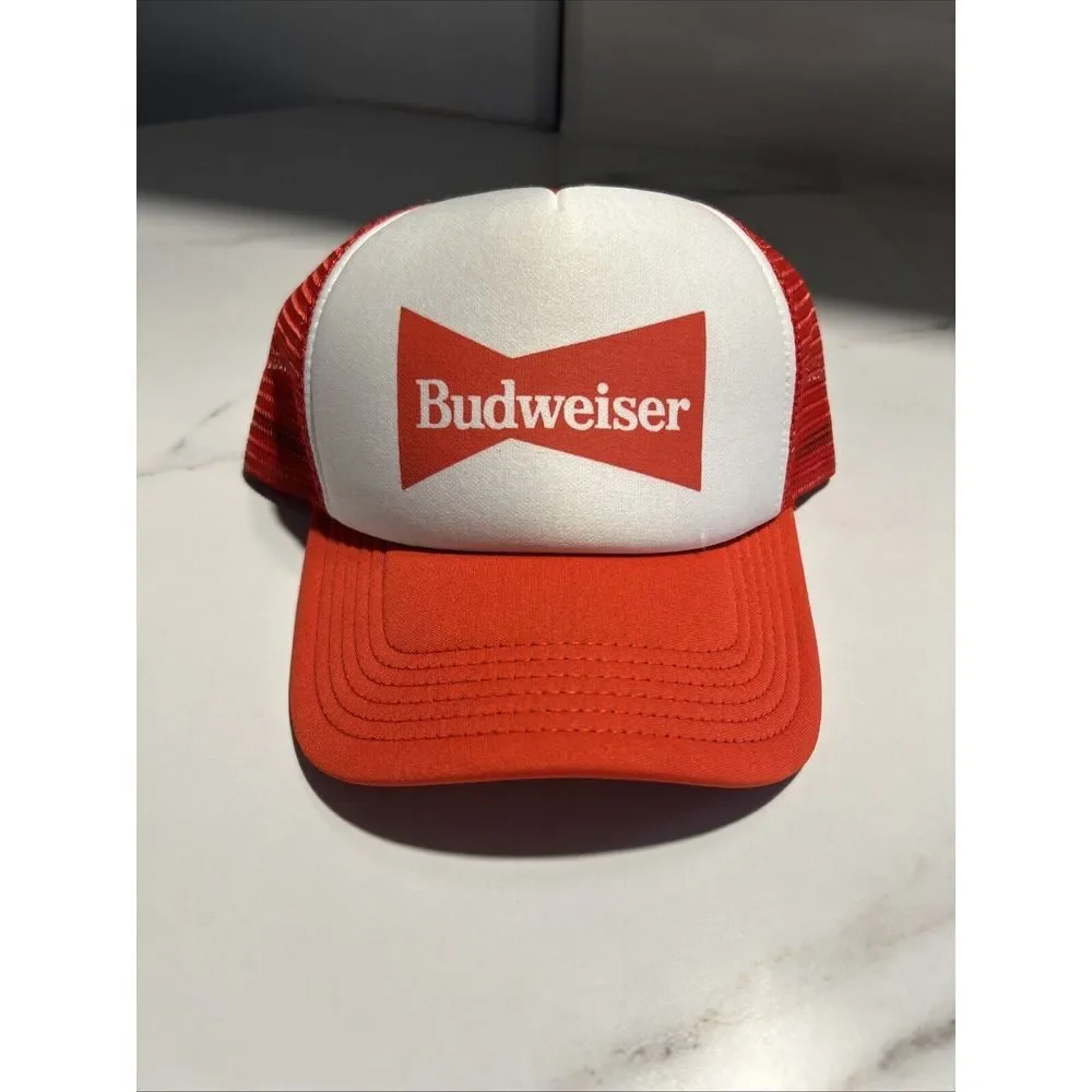 NEW VINTAGE‎ BUDWEISER RED BEER CAP HAT 5 PANEL HIGH CROWN TRUCKER SNAPBACK NWOT